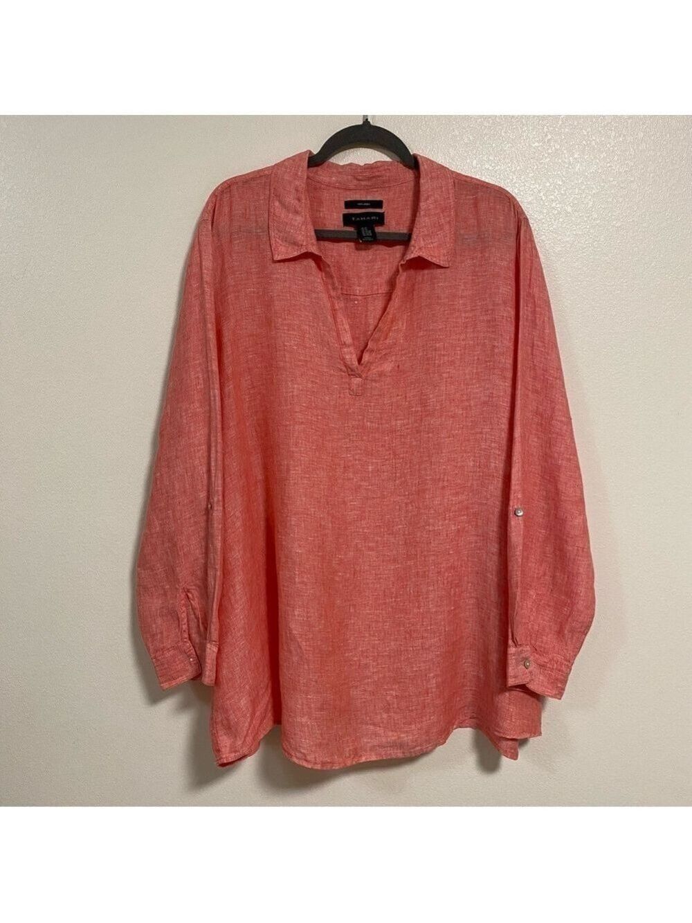 Tahari 100% Linen Roll up LS Pullover top Heathered red Plus Size 3X